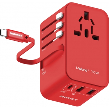 Momax UA18UKR 1-World+ 70W GaN 3插口 及 內置伸縮USB-C充電線旅行插座 (紅色)