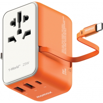 Momax UA20UKM 1-World+ 25W 3-插口 內建 USB-C 充電線 + AC 旅行充電插座 (橙色)